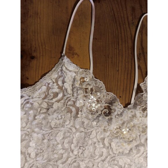 Vtg Adonna Womens M White Babydoll Short Nightie Sequins Lace Nylon Sheer Sexy - Picture 2 of 6